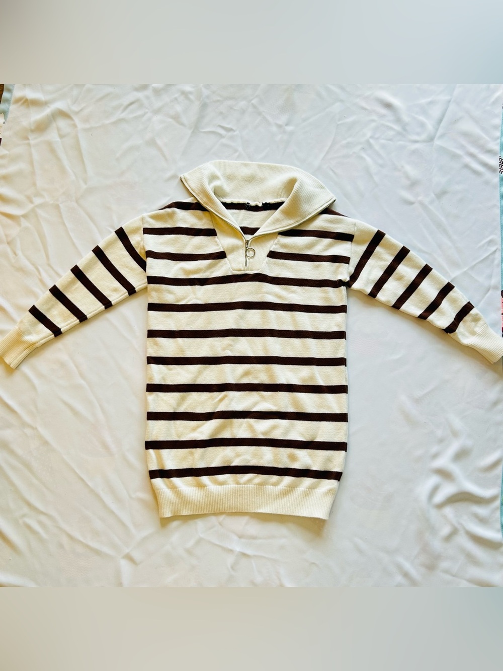 EuC Small Sonoma Goods Cream & Brown Striped Oversized Sweater Quarter Zip Comfy
